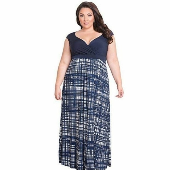 Igigi Valencia Empire Maxi Dress Plus 14/16 Navy Blue & White Plaid, Cap Sleeves - Picture 1 of 16